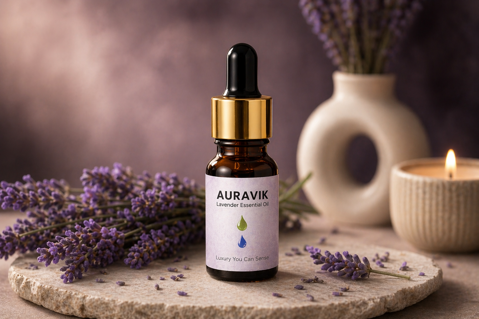 Auravik lavender bottle on a soft premium lavender setup